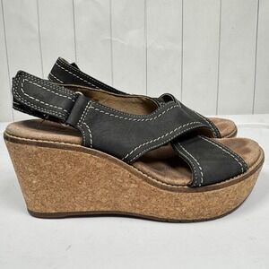 Clarks Artisan 6.5M Black Leather Platform Sandals Cork Wedge Slingback Shoes